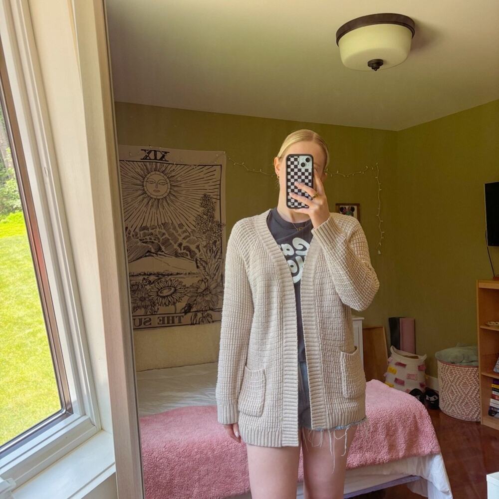 Faded Glory Longline Open Front Knit Cardigan Beige Pockets 100% Acrylic Size L